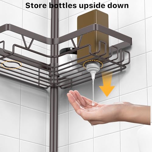 Image of KEGII Shower Caddy Tension Pole with 2 Towel Bars, Adjustable Corner Bathroom Organizer, Rustproof Bathtub Storage Shelves for Shampoo, 25-114.2 Inch Shower Corner Rack for Renters & Family, Bronze