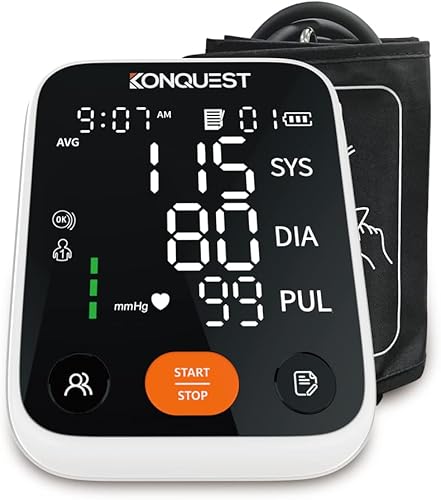 Konquest KBP-7173A Monitor automático de presión arterial de brazo superior con puño ajustable y pantalla LED grande - 2 usuarios - Detector de