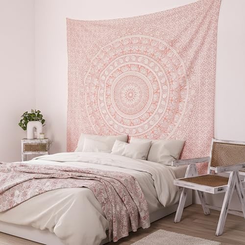 Craft Trade Indian Cotton Mandala Wall Hanging Tapestry for Aesthetic Boho Hippie Living Room, Meditation & Bedroom Décor - Pink, 84x90 Inches
