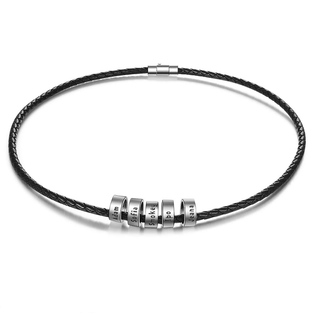 XiXi Collar de Cuero Personalizado para Hombre Collar de con Cierre de Plata Cadena con 5 Nombres Regalo Joyería Día de San Valentín Dia del Padre Navidad (5 nombre)