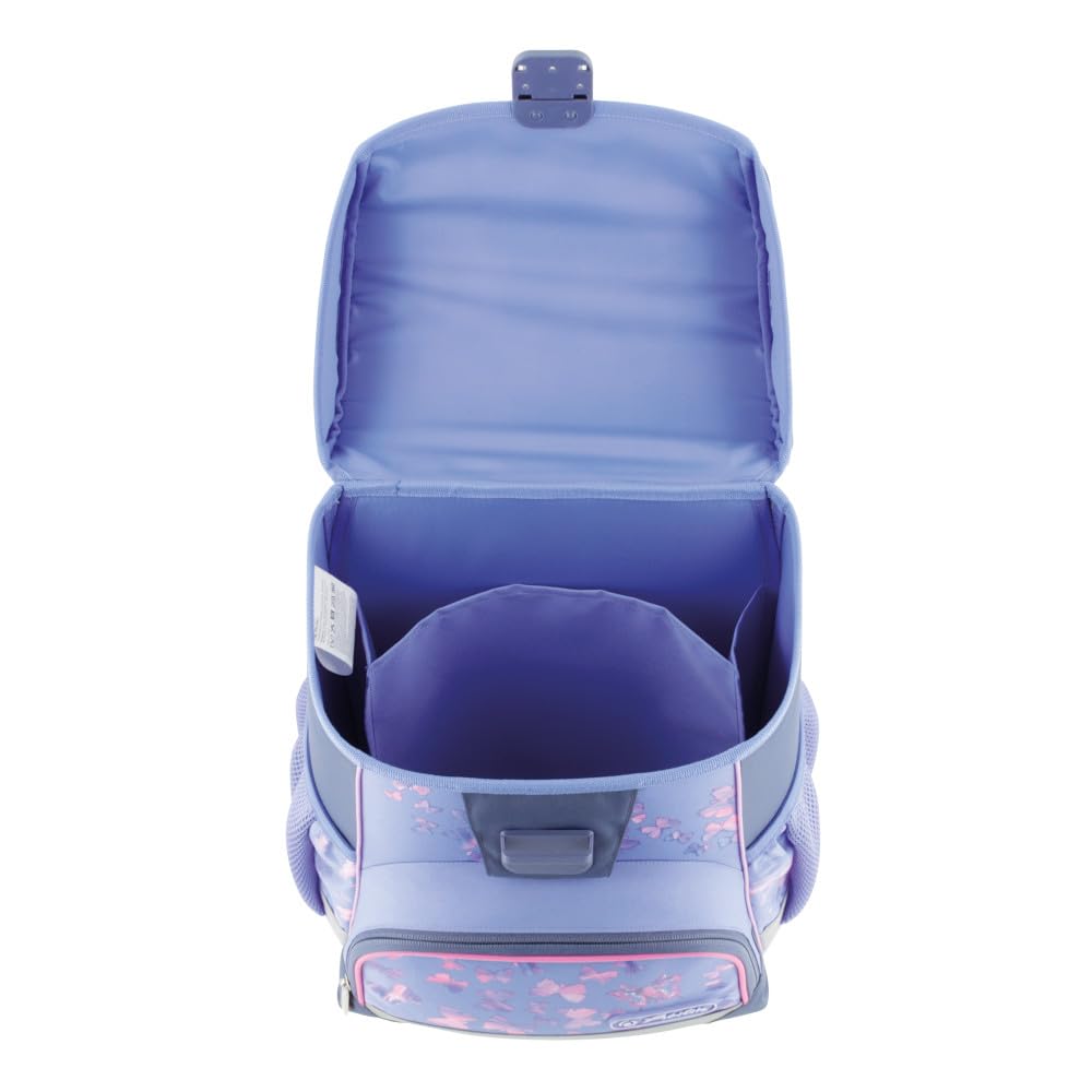 HERLITZ Loop Butterfly Paradise Schulranzen, Rucksack für Kinder, Schulrucksack 17L, Kinderrucksack, Leicht Schultasche für Mädchen, Reflexmaterial, Schnallenverschluss, Ergonomische Form, Hellviolett
