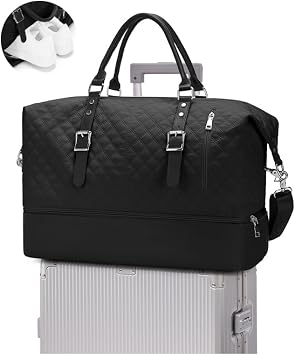 Travel Duffel Bag, Weekender Overnight Bag for Women with Trolley Sleeve, Carry On Bag for Airplanes Sport Tote Gym Bag with Shoes Compartment.Black