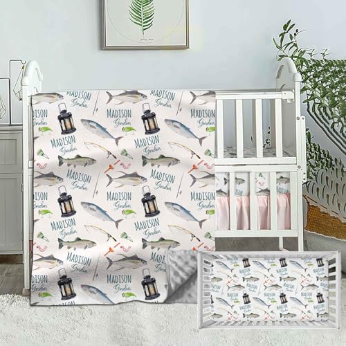 Munific Personalized Crib Bedding Set for Baby Boys Girls, Custom Fishing Nursery Set With Name, 2 Piece Set: Comforter and Fitted Sheet