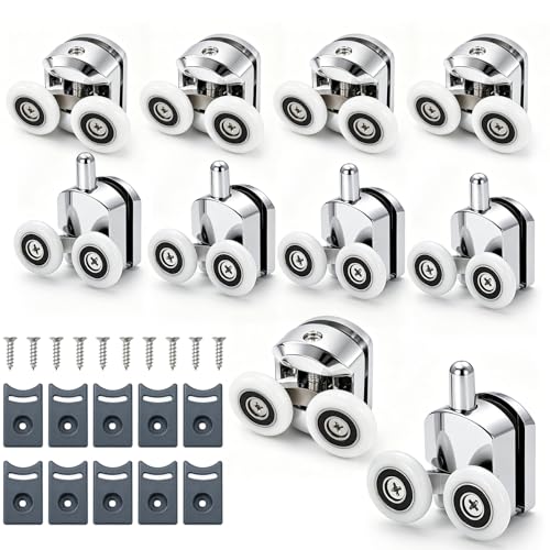 Covzoe 10 Pieces Shower Door Rollers Replacement Set Aluminum Alloy Top and Bottom Glass Door Wheels with Anti-Collision Block and Screws Quiet Pulley for Bathroom Curved Glass Doors