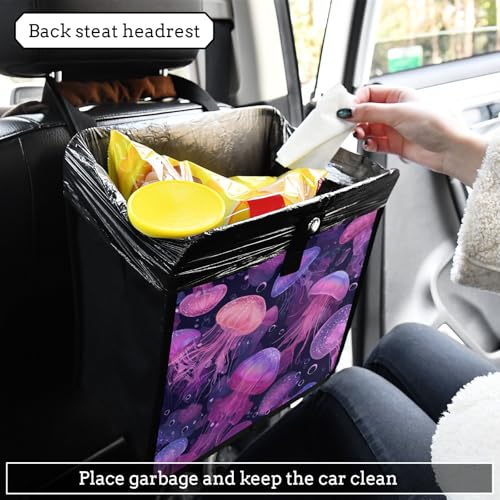 Image of Car Trash Can Organizer Bin with Adjustable Strap for Back Front Seat Console Waterproof Leakproof Collapsible Portable 8.66 Inch Jellyfishes and Bubbles Pink