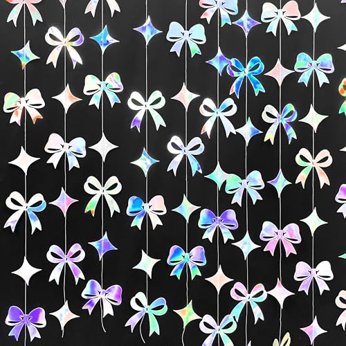Image of Iridescent Bow Decorations Holographic Paper Star Bow Hanging Garland Streamer Banner for Coquette Birthday Bachelorette Wedding Bridal Shower Engagement Anniversary Hen Party Decorations Supplies