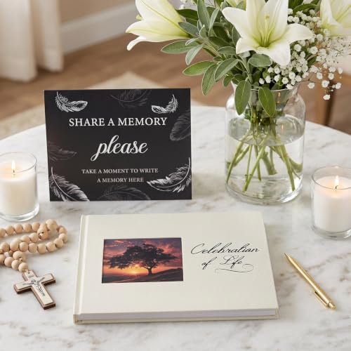 Image of Funeral Guest Book, Celebration of Life GuestBook with Photo Slot | 330 Entries, Table Sign Card Included, Gold Stamping, Twill-Textured Paper Cover, in Loving Memory Keepsake, 9x7.5 inch, Beige