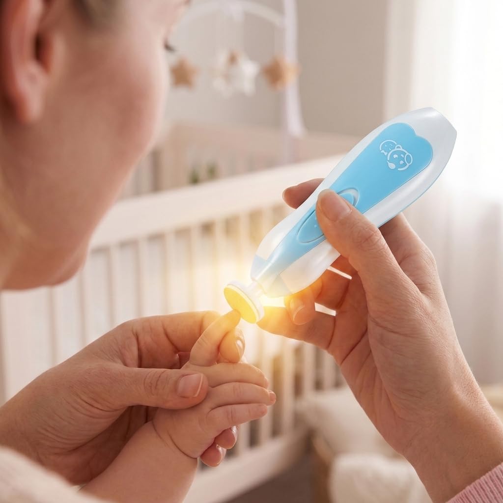 Royal Angels Lima de Uñas Eléctrica para Bebé 21 en 1 con Estuche Rotulado, 13 Almohadillas de Repuesto Extra, Kit de Manicura Seguro para Recién Nacidos y Niños, Cortador Silencioso con Luz LED(azul)