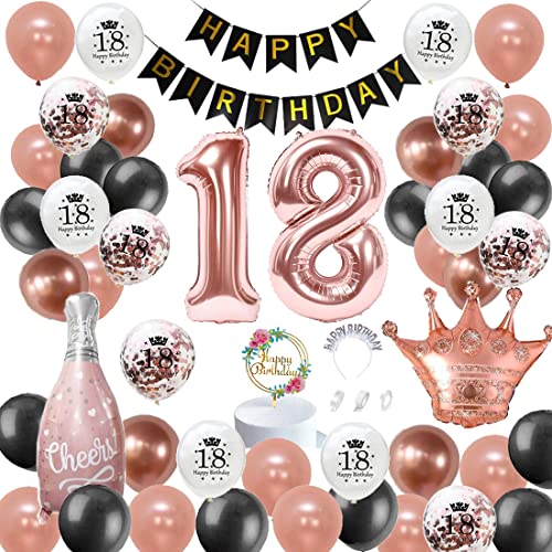 JinSu 18 Ans Anniversaire Décorations Femme, Ballon Anniversaire Numéro 18 Or Rose, Bannière Happy Birthday, Ballon Aluminium, Ballon Confettis, 52 Pcs Kit de Ballon Anniversaire Rose Blanc Noir Cover