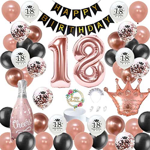 JinSu 18. Decoración de cumpleaños para niñas y mujeres, globos de cumpleaños de 18 años, globos de 18, guirnalda de cumpleaños feliz pancartas, papel de aluminio, globo de confeti, rosa