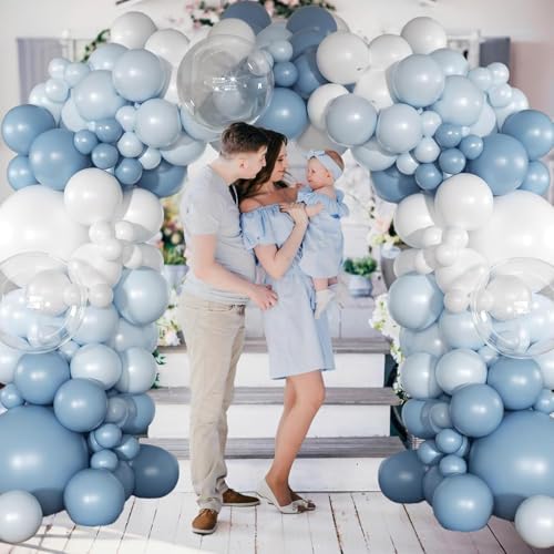 Image of Blue White Clear Balloon, 30pcs 12 Inch Dusty Blue Balloons Macaron Light Blue Matte White Transparent for Gender Reveal Bridal Baby Shower Birthday Party Decorations