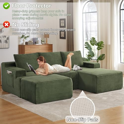 Image of 96.1 inch Modular Sectional Sofa with Ottoman, Modern Corduroy Cloud Couch, Boneless Couch Upholstered 3-Seater U-Shaped Sofa for Living Room, No Assembly (Green, Right-Facing Chaise)