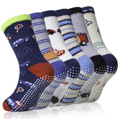 Image of Eyean Kids Fuzzy Socks Non Slip Soft Fluffy Slipper Grips Socks Warm Plush Cozy Cabin Boy Girls Crew Socks 6 Pairs