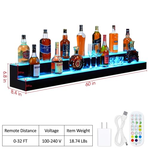 LED Lighted Liquor Bottle Display,2 Tiers 60in LED Liquor Shelf with Remote & App Control,16 Colors,4 Modes,Bottle Shelf Multi-Color Lighting Modes for Bars