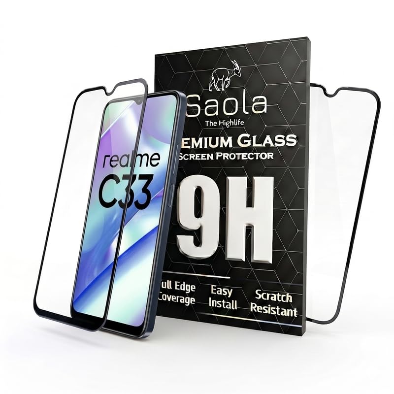 Image of Saola HD+ Oleophobic Tempered Glass Screen Protector for Realme C33 (Pack of 2) with Free Installation Kit. Full Screen Coverage - 6.5 inch