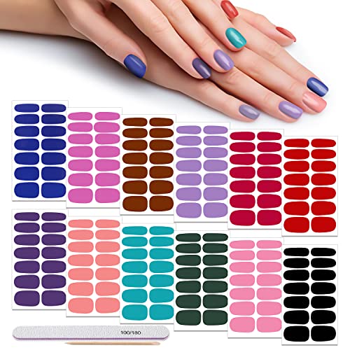 DANNEASY 12 Sheets Solid Color Nail Polish Strips Self Adhesive Nail Stickers Full Nail Wraps for Women Girl Nail Art Accessories Manicure Kit with 1pc Nail File, Cuticle Stick