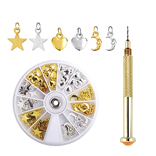 Yokilly Nail Charms,60Pcs Dangle Nail Rings Nail Jewelry Rings with Nail Piercing Tool Hand Drill Gold and Silver Art Dangle Charms for Tips,Acrylic,Gels and Decorations