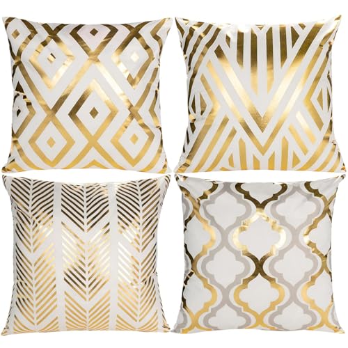 HOSTECCO White and Gold Throw Pillow Covers 18x18 inches Set of 4 Gold Geometric Pillow Cases Square Decorative Cushion Covers for Sofa Couch Office