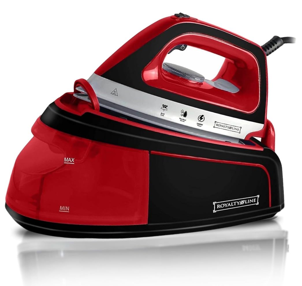 ROYALTY LINE, Generador de Vapor Rojo 2300W RLDBST2300W1-RED, Capacidad 1200ml, Suela de Cerámica, Vapor Vertical, 5 Programas, Temperatura Regulable, Ideal para Todos los Tejidos