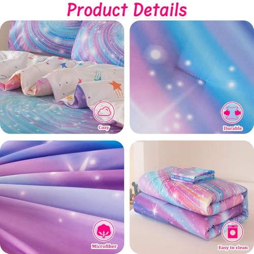 Image of Twin Bedding Set for Girls, Purple Glitter Stars Comforter Set for Girls, Galaxy Bedding Sets Twin Size