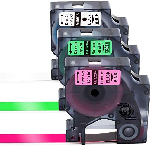 Competible D1 Label Tape Neon 45013 Color Labeling Tape Replacement for DYMO LabelManager 160, 210D, 260P, 280, 360D, 420P, 450D, Wireless PnP, 500TS, 450DUO Label Maker Black on White Green Pink 1/2