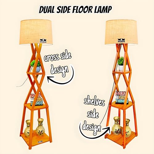 Image of Wooden Shelf Floor Lamp for Living Room & Bedroom Corners | Sofa Side Lamp | Home Decor Lighting with Khadi Shade