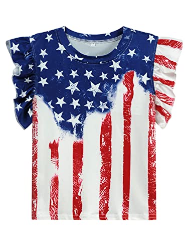 Image of Toddler Girls July 4th Shirts American Flag Ruffle Short Sleeve Patriotic Red White Blue Star Outfits Blouse Tops
