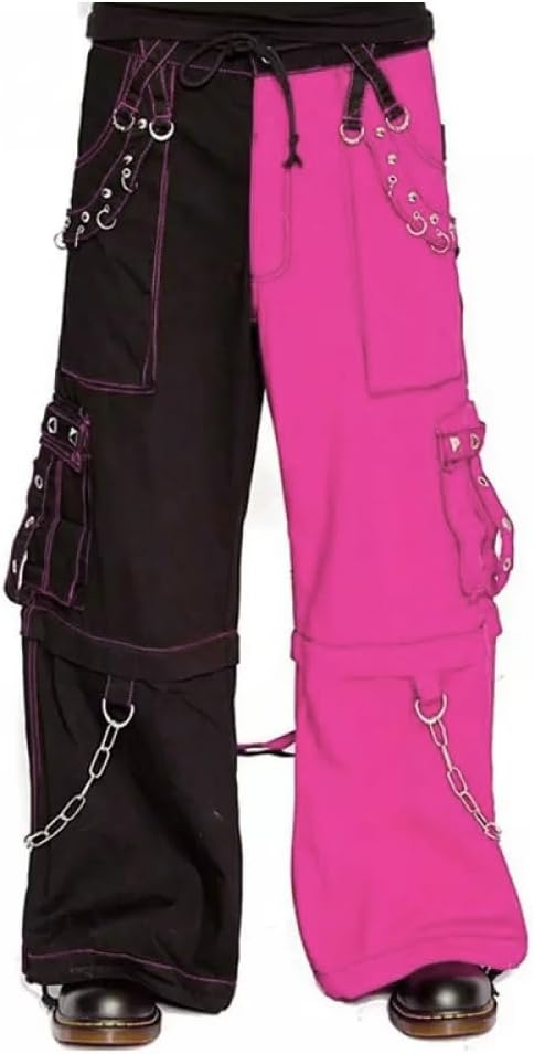 Men Bondage Trouser Punk Rock Transformer Baggy Black and Pink Split Leg Pants Emo Style