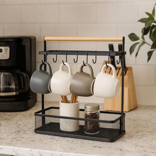 Image of Hiceeden Coffee Cup Holder with Storage Basket, Coffee Mug Tree Rack with Handle, Cup Stand Coffees Station Bar Organizer for Countertop, Holds 8 Cups (Black)