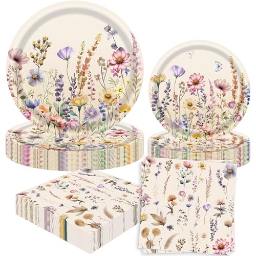 BACH AND BOOZY fleur assiette anniversaire 52pcs fleur party vaisselle kit vaisselles anniversaire assiette dîner papier tasse serviette réutilisable couverts party fête decoration