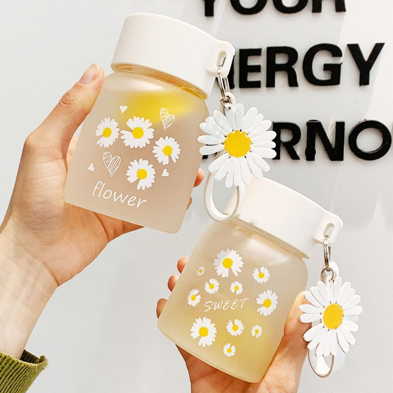 Avastro Portable Glass Cup Cute for Kids Girls Little Water Summer Portable Cup with Hanging Rope Frosted Glass Direct Drinking 300ml Pack of 2
