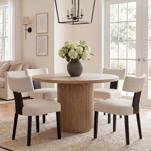 Image of HNY Mid Century Modern Farmhouse Dining Chairs Set of 4, Linen Upholstered Accent Chair Curved Backrest Kitchen Chairs, with Black Hardwood Frame, Beige