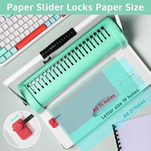 OFFNOVA Bindemaschine, 21 Löcher, 450 Blatt, Papierkammbindemaschine für Briefgröße/A4/A5-Papier, leicht zu stanzender Griff, verstellbarer Rand, Buchbinder mit 100 Stück 3/8 Zoll Kammbinderücken