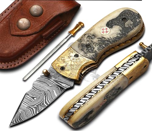 Handmade Camel Bone Engrave Folding Knives Custom Damascus Steel Camping Pocket Knife for Gift