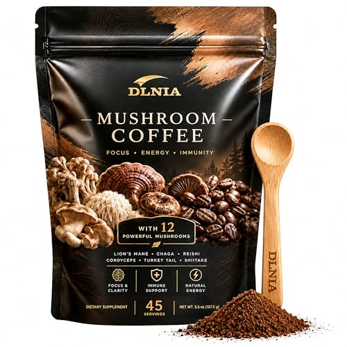DLNIA Instant Organic Mushroom Coffee with 12 Adaptogenic Mushrooms, Arabica Beans, Coconut Milk &amp; MCT Oil | Cordyceps, Lion’s Mane &amp; Turkey Tail Instant Coffee for Better Energy, Focus, Digestion, Immunity