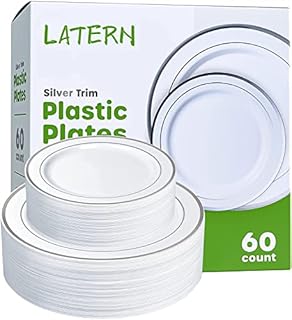 LATERN 60Pcs Multi-Use Silver Plastic Dinnerware Set, 30Pcs 26cm Dinner Plates + 30Pcs 19cm Salad Plates, Reusable Plastic Plates for Wedding Anniversary Garden Dessert Party