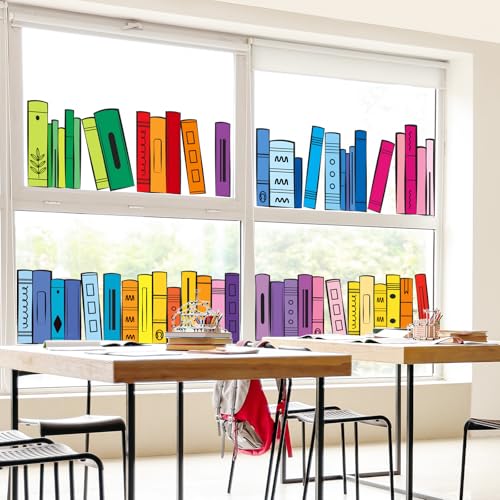 Image of Whaline 9 Sheets Back to School Window Clings Colorful Bookshelf Window Decal Rainbow Color Books Reusable Anti-Collision Glass Sticker for First Day of School Classroom Decor