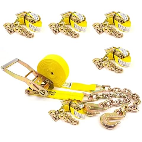 US Cargo Control Chain Ratchet Straps (4-Pack), 2 Inch x 30 Foot Yellow Ratchet Straps with Chains Ends and Grab Hook, 10,000 LBS Break Strength, Heavy Equipment Tie-Downs, Commercial Ratchet Straps Cover