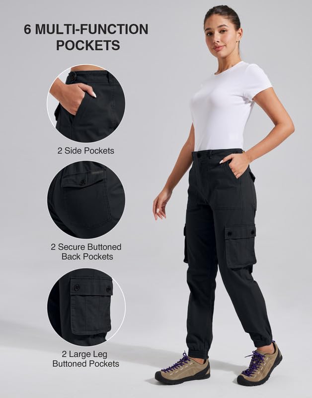 Pioneer Camp Cargohose Damen Lang Wanderhose für Frauen Strapazierfähig Cargo Hosen Verstellbarer Bund Outdoor Jogginghosen mit 6 Taschen Schwarz L