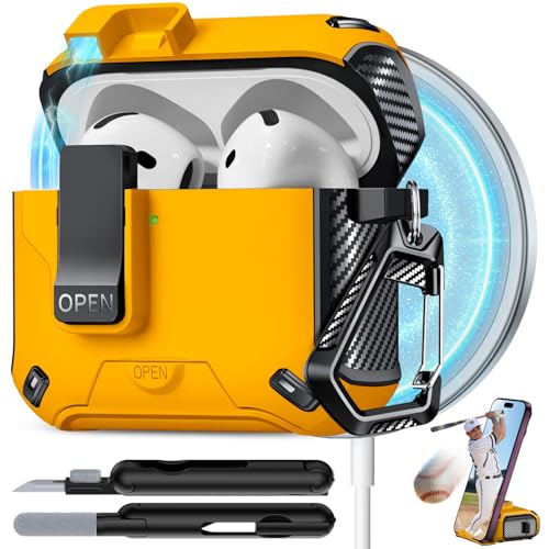Image of for AirPods 4 Case with Lock (Yellow) | Compatible with MagSafe,with Phone Stand,with Automatic Snap Switch Carbon Fiber Design Protection Cover with Cleaning Pen