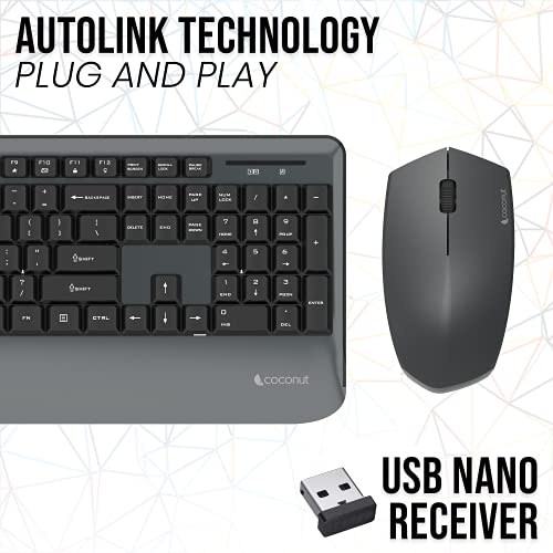 Image of Coconut WKM13 Inspire Wireless Keyboard and Mouse Combo for Windows, 2.4Ghz Wireless Range 6-10M, Keyboard with Palm Rest, 1000 DPI 3 Button Ambidextrous Mouse, PC /Laptop