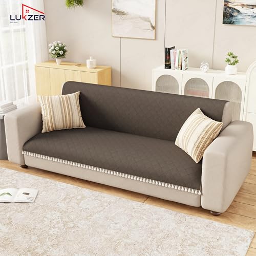 Image of Lukzer Quilted Sofa Cover Mat with Tassels for 1 Seater Sofa - Chocolate Brown | Soft Washable Anti-Slip Protector for Living Room | Furniture Cover for Back-Seat Slipcover 60X150CM / SC-192-1T