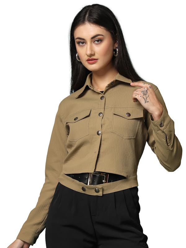 Image of CHKOKKO Solid Crop Jackets for Women stylish latest Long Sleeve Stylish Winter Shirt Jacket Casual Outerwear for Office