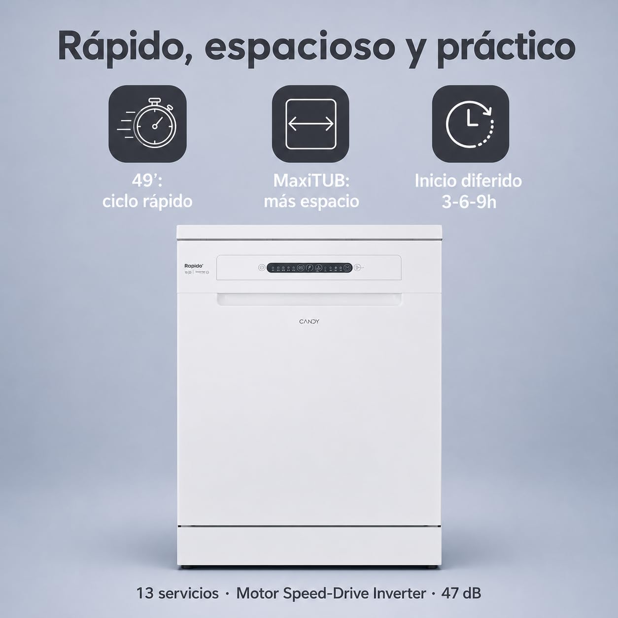 Candy Rapidò CF 3E7E0W Lavavajillas 60 CM, 13 Servicios, Secado por Condensación, 5 Programas, Cesta para Utensilios Grandes, Inicio Diferido 3-6-9 H, Indicador de Sal, 47DB, Blanco