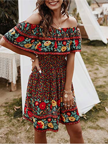 Image of Off Shoulder Boho Floral Swing Mini Dress Summer Strapless Pleated Short Dress