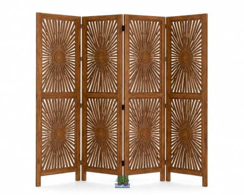 Image of Wooden Room Divider Partition for Living Room | Foldable 4 Panel Decorative Privacy Screen Separator for Home, Office & Bedroom | Modern Natural Brown