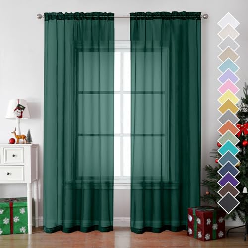 Image of OVZME Hunter Green Sheer Curtains 84 Inches Long 2 Panels - Soft Light Filtering Christmas Sheer Panels for Living Room /Bedroom, Top Dual Rod Pocket, 1 Pair, Each 42Wx84L