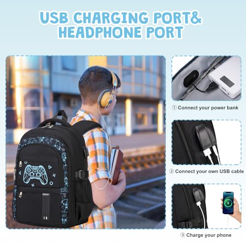 Image of ACESAK 4PCS Boys Backpack with Wired Headphones, Lunch Bag & Pencil Case | Lightweight School Backpack with 3.5mm Wired Headphones for School Kids Children Kindergarten Elementary, Black Game