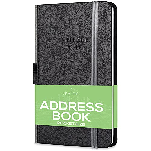 Skyline Address Book Mini Telephone Contact Book with Password Log for Purse Small Phone Number Book for Women & Men Pocket Size 3.5x6.2 Hardcover (Black)