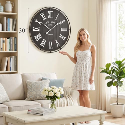 Image of EMAX HOME Inch Large Black Wall Clock, Rustic Distressed Wooden Dial with 3D White Roman Numerals, Silent Sweep Movement, High Contrast Farmhouse Decor for Bedroom, Kitchen, or Dining Room.